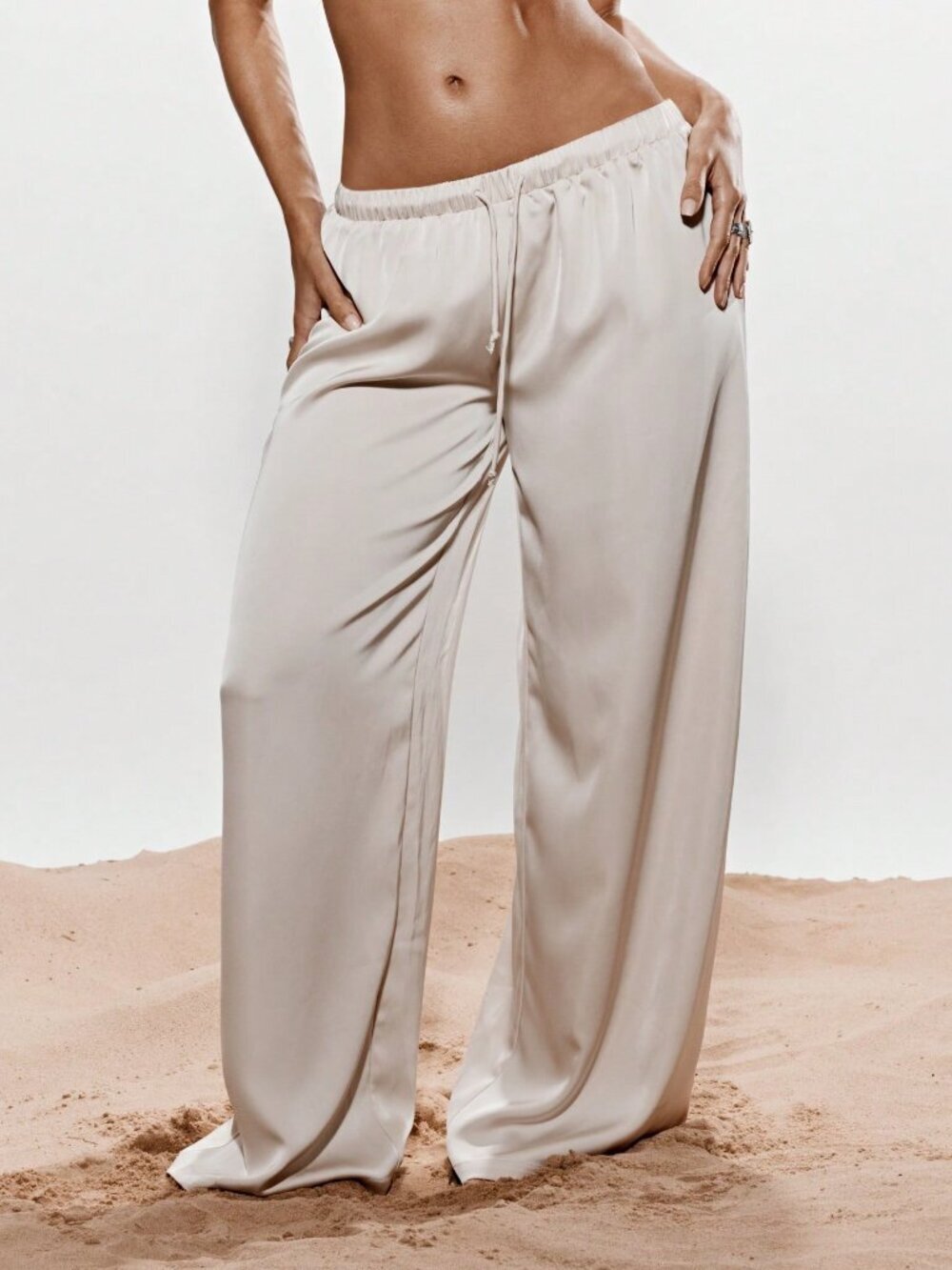 Apricot Luxurious Women's Wide Leg Palazzo Pants Drawstring Waist